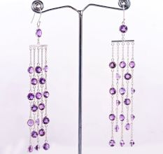 Handmade 925 Sterling Silver Long Chain Dangle Earrings with Amethyst